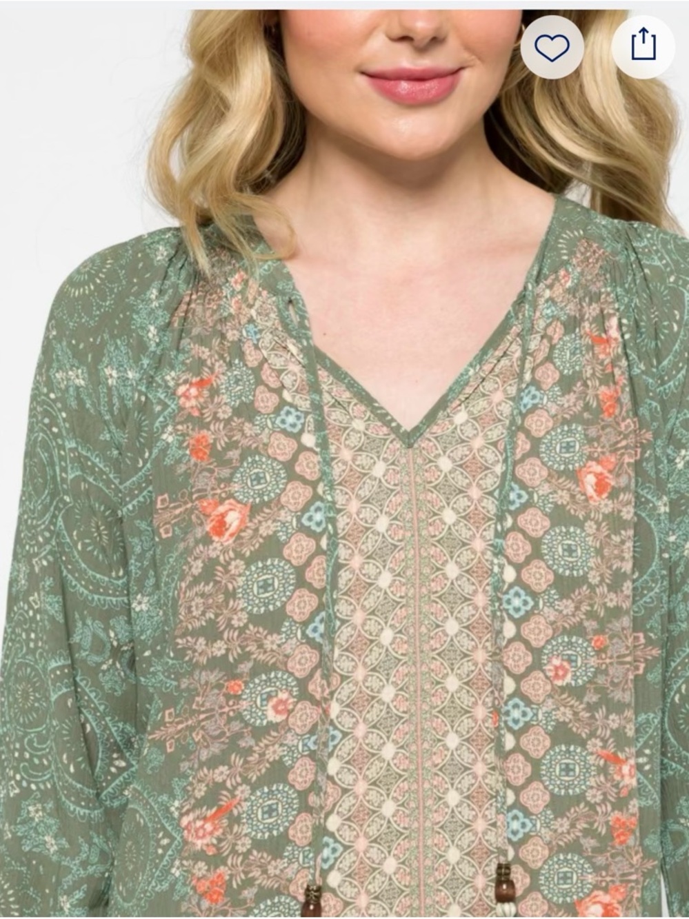 Women's Olive Green Printed V-Neck Long-Sleeve Blouse
